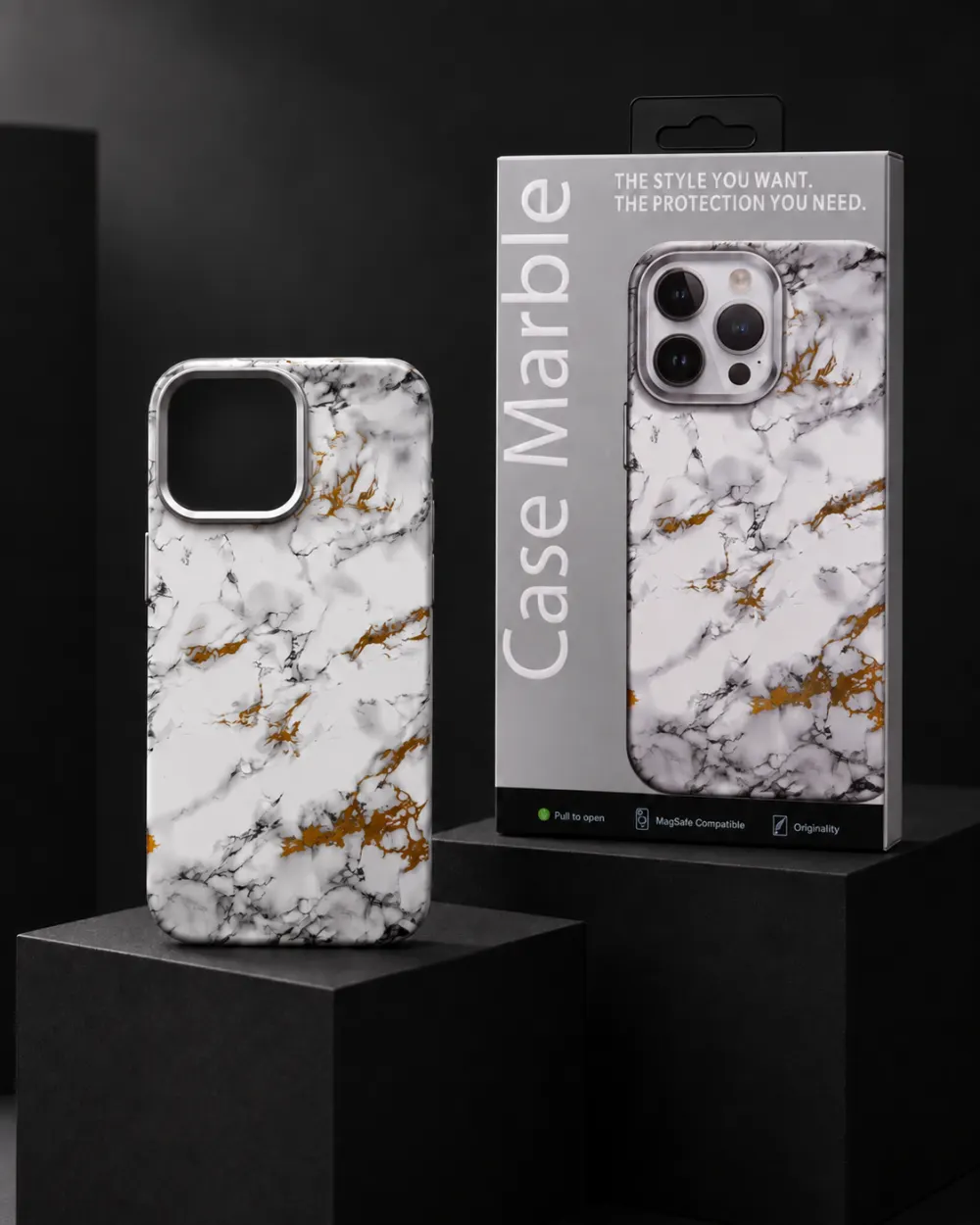 Case Marble MagSafe Kılıf — Beyaz Amber Mermer | iPhone 14 Pro